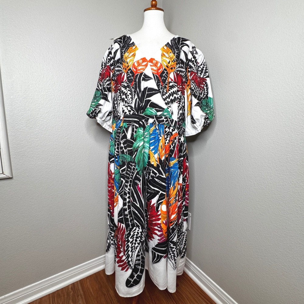 NEW!‎ DALIA MACPHEE Midi Dress 3X Tropical Print Puff Short Sleeves Colorful